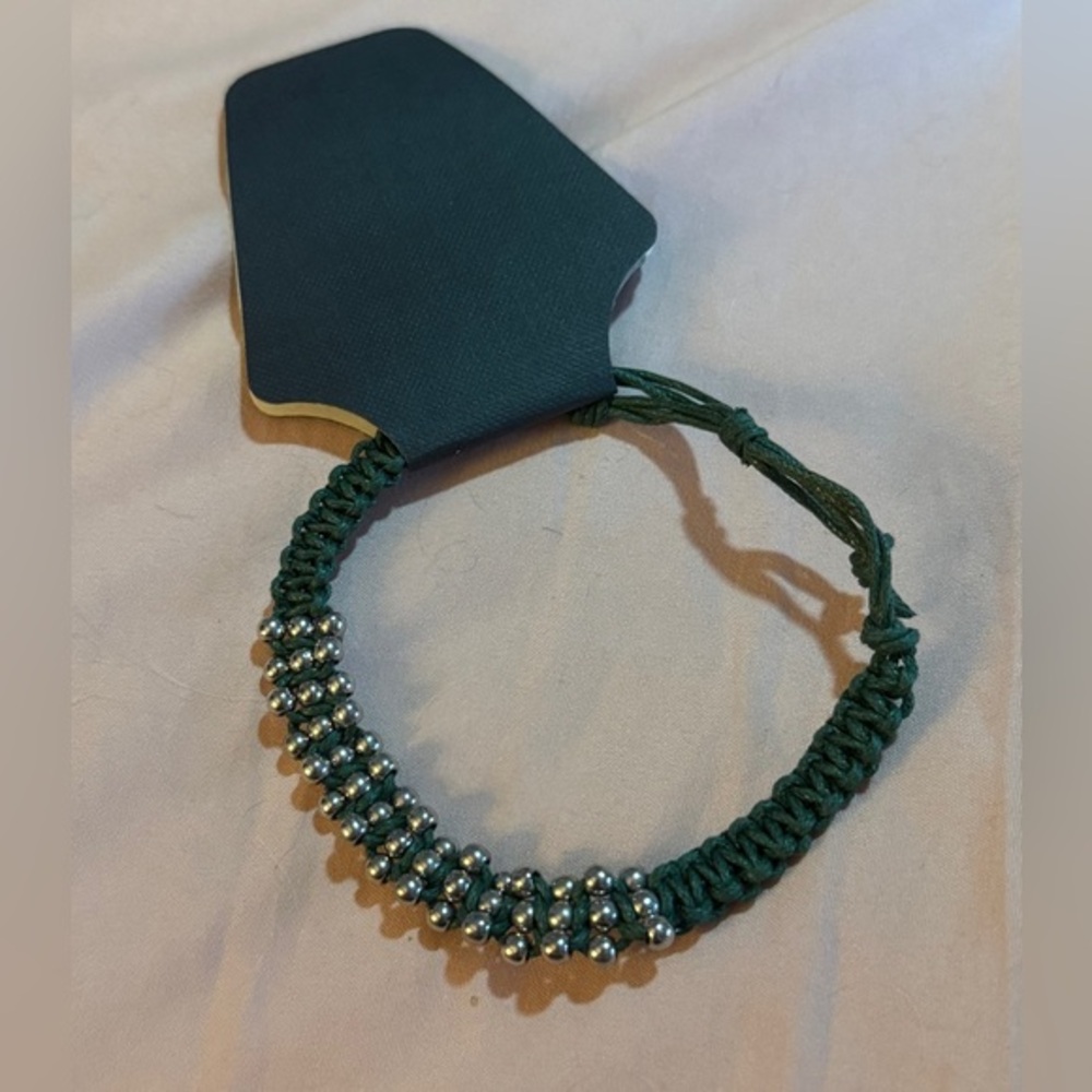 Green Braided Bracelet with Silver Beads